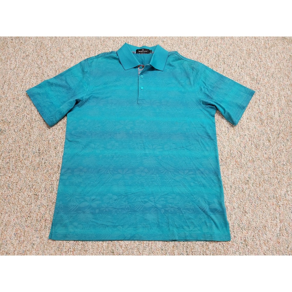 Bugatchi Uomo Polo Shirt Mens Medium Teal Floral Jacquard Mercerized Cotton